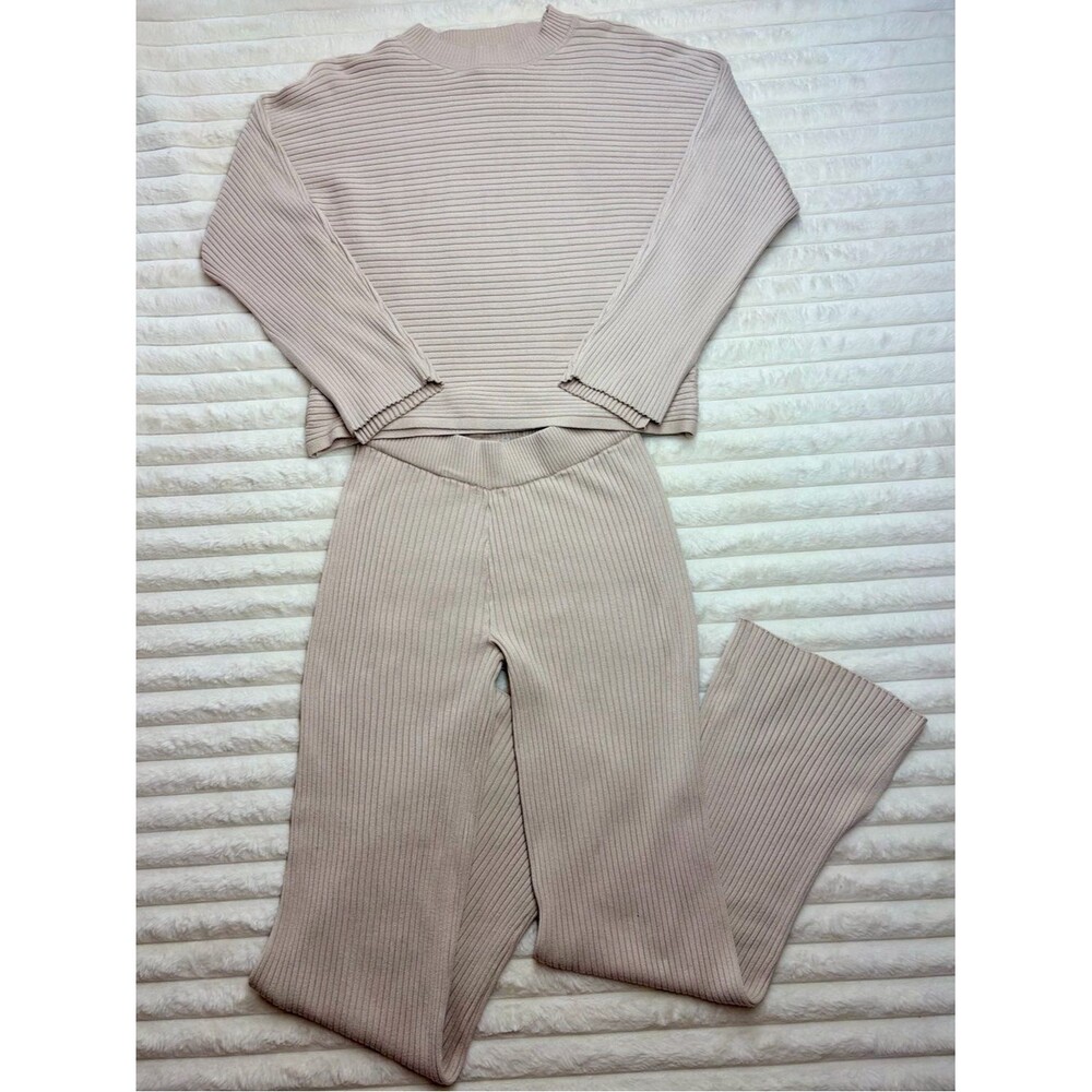 Pink Rose Ribbed Long Sleeve and Wide-Leg Knit Pants Set in Light Taupe Size XS